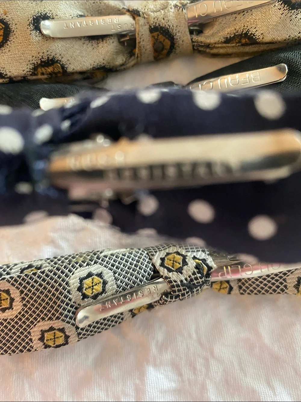 Vintage Men's Bow Ties Set - Navy Polka Dot, Black, Patterned Gold/Beige Retro